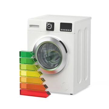 Washing machine and energy efficiency rating bars on white background