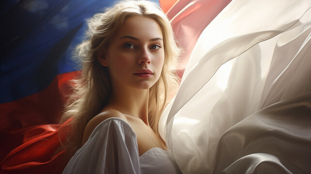 Portrait of a beautiful young blonde woman lying on the background of blue res white cloth. Ai render.