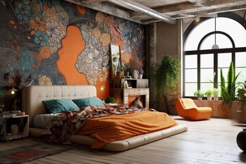 Bohemian or eclectic interior design of modern bedroom