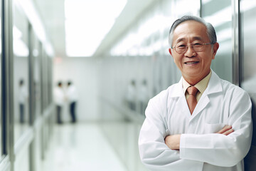 Portrait of smiling old asian male doctor standing with arms crossed in hospital corridor