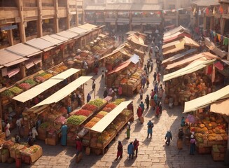 Obraz premium Panorama of a bustling agricultural market with stalls crowded with buyers and sellers