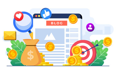 Blog monetization concept flat illustration vector template, Making money online, Website monetization, Analyzing blog content and generating income with ad placements and sponsor partnerships - obrazy, fototapety, plakaty