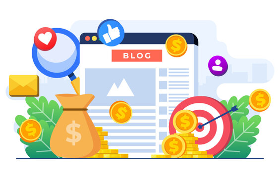 Blog monetization concept flat illustration vector template, Making money online, Website monetization, Analyzing blog content and generating income with ad placements and sponsor partnerships
