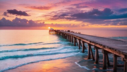 Fototapeta na wymiar Long pier receding into sea with colorful sunset background.