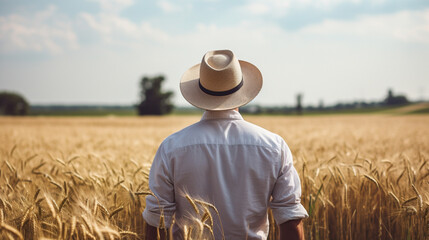 Adult american farmer man standing with back on wheat grass field wearing a hat