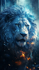Portrait of a male lion with fire in his mouth. Fantasy