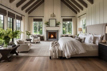 Interior design of modern bedroom in attic with wooden beams 