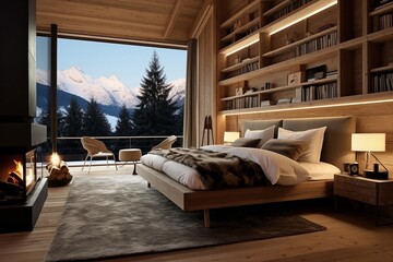 Interior design of a modern wooden chalet bedroom
