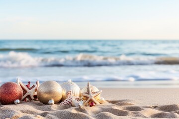 Christmas balls and seashells on the beach