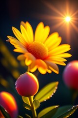 flower on black background colorful flowers with dew drops, vibrant leaves and stems, golden ice, peach color background, glow, sun rays and glare, high detail, full detail, high resolution, glow, ren