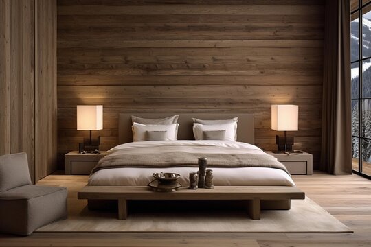 Interior design of a modern wooden chalet bedroom