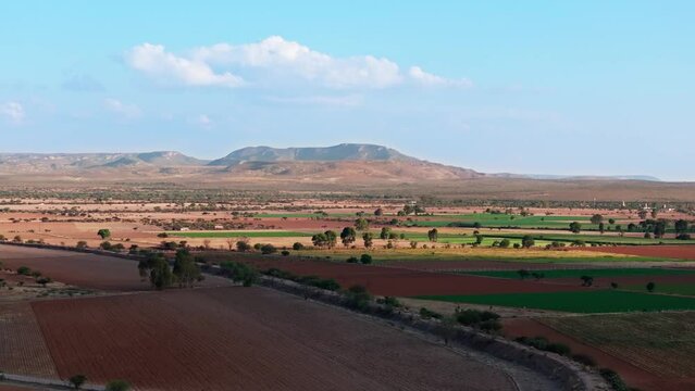 Roadway canal cuts across agricultural fields with small tree shrubs, aerial trucking pan, aguascalientes mexico
