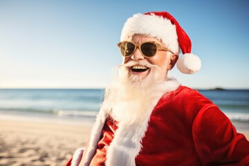 Happy Santa Claus on sunny beach