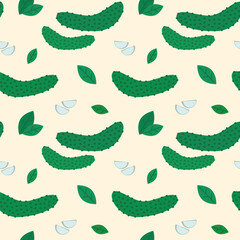 Cucumbers seamless pattern. Vector illustration of vegetables with plant elements. Background with gherkins, garlic clove and green leaves.