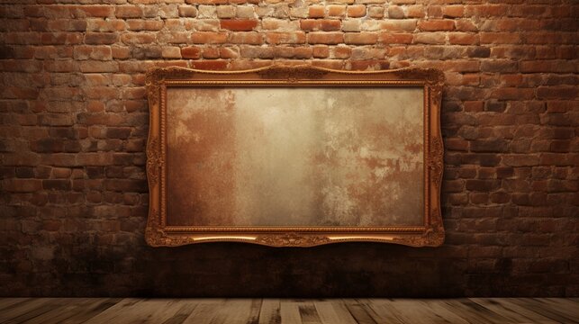 Produce an exquisite representation of an elegant blank frame against a rustic brick wall, showcasing timeless charm.