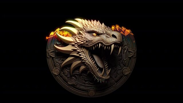 A Medallion With The Image Of A Dragon Appears From The Fire. Animation on the theme of signs and emblems, images and icons, icons and symbols, fantasy and fairy tales.