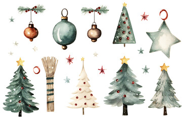 Retro watercolor Christmas decorations and objects clip art isolated, transparent background Generative AI