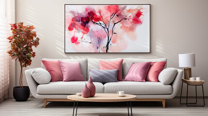 Modern Living Room with Grey Sofa and Pink Accents