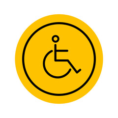 Man in a wheelchair. Symbol of a disabled person in a wheelchair. Round yellow sign for people with disabilities. Vector illustration in linear style
