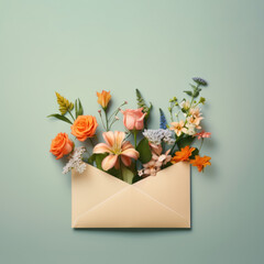 An envelope from which multicolored flowers are blooming. Love message concept.