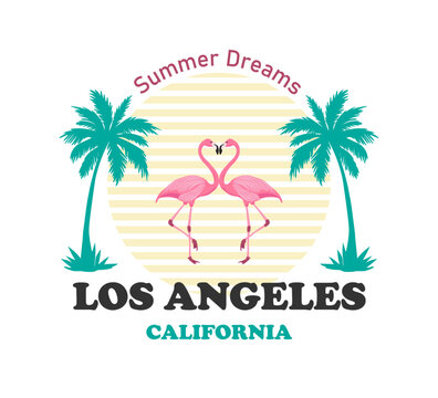 Los Angeles slogan with cute flamingos, palm trees and sunset, vector for t shirt graphics, wall art, card, cover, background designs