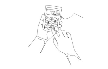 Continuous one line drawing of hands holding calculator with word TAX inside, income tax calculation, taxation concept, single line art.
 - obrazy, fototapety, plakaty