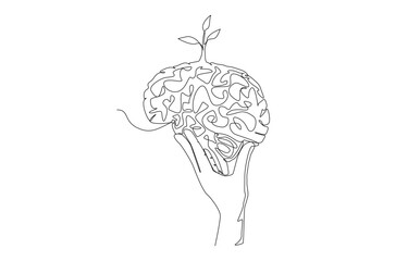 Continuous one line drawing of hand holding brain with young tree on top, personal development, growth mindset concept, single line art.
