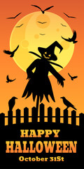 Scarecrow in a hat with flying crows. Halloween background