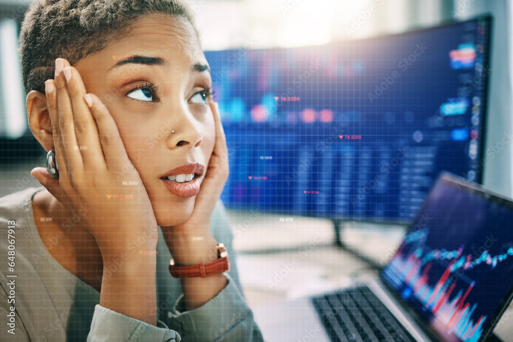 Poster Programmer, stress and woman with computer screen, headache and burnout with mental health. Person, employee and coder with laptop, investor and overworked with workflow crisis, office and migraine