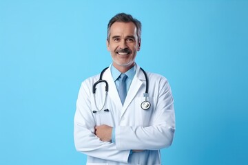 Fototapeta premium Portrait of smiling male doctor posing with folded arms on blue studio background, healthcare and medicine, Enthusiastic smiling doctor