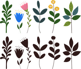 Fototapeta na wymiar plants, flowers in doodle style with silhouette on a white background, vector