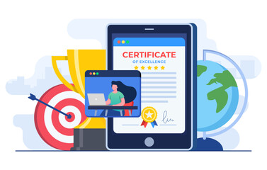 Certificate concept flat illustration vector template, Award, Prize and appreciation concept, Online education, training course, E-learning, Digital certificate program, Remote and distance study