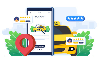Fototapeta na wymiar Find a taxi driver online, Online taxi concept flat illustration, Taxi service application on smartphone screen, Rent and share car, Remote vehicle sharing, Navigation pin,