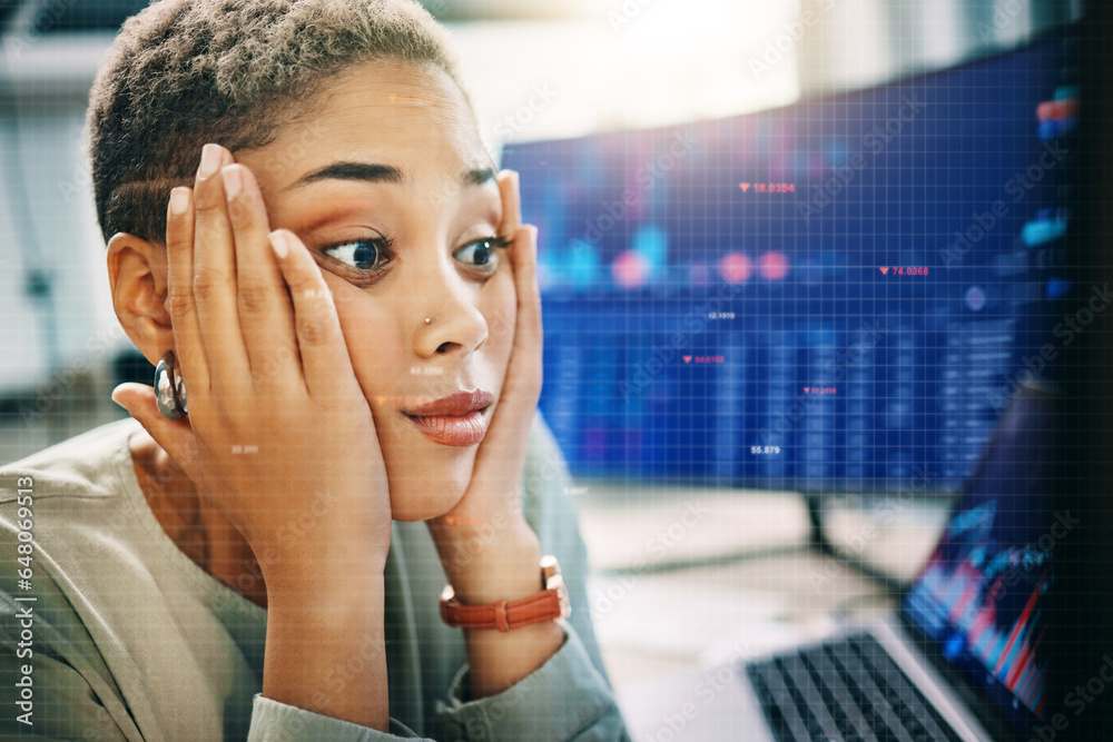 Aufkleber business woman, stress and shocked for stock market crash, trading mistake and bankruptcy on compute