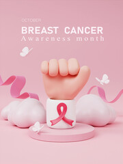 Cartoon hands and 3d pink ribbon for symbolic of encourage breast cancer awareness. 3d render illustration. - obrazy, fototapety, plakaty