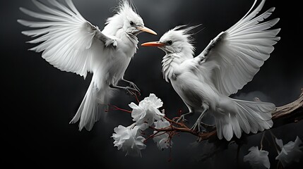  two white birds sitting on top of a branch with their wings spread.  generative ai
