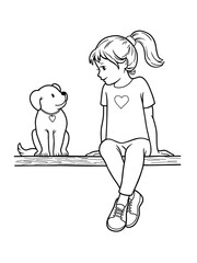Hand-drawn cute vector illustration. Girl with dog. Black and white images on white background.