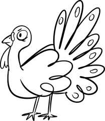 Vector drawing of turkey. Hand drawn, cartoon style,doodle, silhouette,contour,outline,black and white,sketch, art. Animal, bird, character, Thanksgiving day,symbol,sign, autumn,fall,feather,nature.