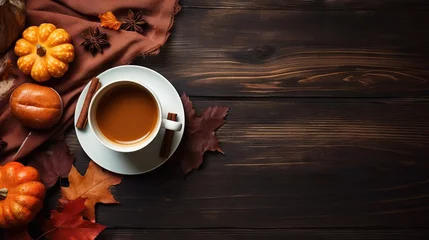 Fotobehang  a cup of coffee with a saucer on a saucer surrounded by autumn leaves.  generative ai © Anna