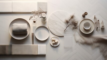 Fototapeta na wymiar a table with a white table cloth, plates, napkins and a vase. generative ai