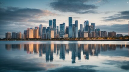Fototapeta premium Exploring the Urban Oasis: City Skyline Reflections, Generative AI
