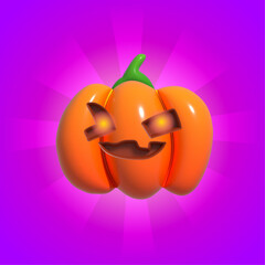 Halloween Realistic 3d Orange Pumpkin with happy face. 3d rendered object. Design element isolated on purple background.
