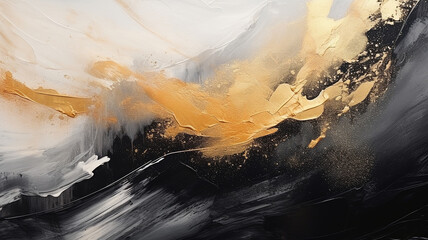 Abstract splashes of paint on the canvas.Gold and black colors. Beautiful background