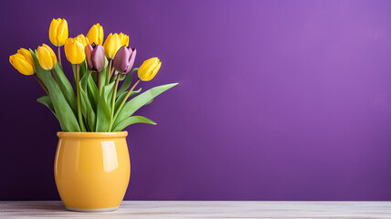 Beautiful tulip flowers in yellow pot can on purple background - obrazy, fototapety, plakaty