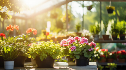 colorful flower pots with flowers in greenhouse