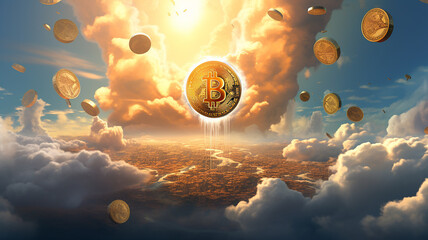 Bitcoin coin on sky background.Business finance investment. Digital technology concept. - obrazy, fototapety, plakaty