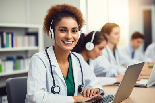 Medical university student participates in an online educational conference. Banner