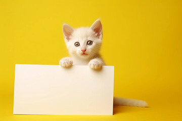 Cute kitten with a white sign for text. Holiday, gift, promotion. Yellow orange background. Place for text