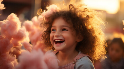 Happy child face portrait with pink cotton candy floss in hands and warm sunset light