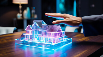 Man hand near a concept hologram render model of a real estate house on a table in an agency , futuristic business concept